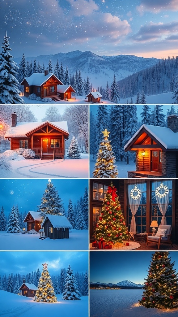 A selection of vibrant 4K Christmas backgrounds including snowy scenes, decorated trees, and festive lights.